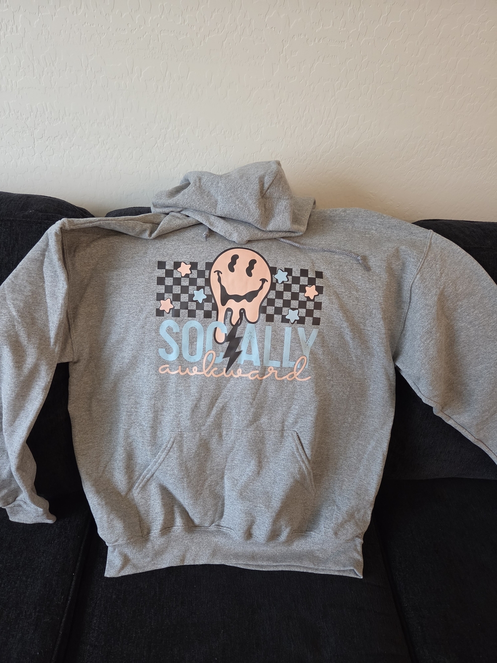 Gildan Gray Hoodie with Pastel Pink & Light Blue 'Socially Awkward' Graphic